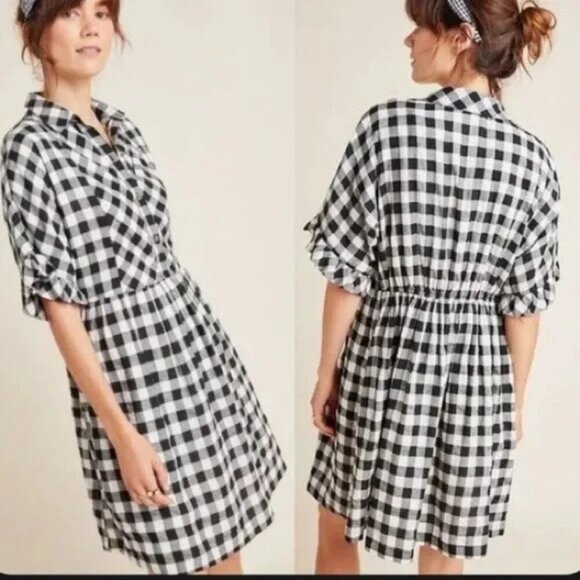 Anthropologie PORRIDGE Women Checker Dress Size M W/B Short Sleeve Gingham 2-20 - Picture 2 of 14